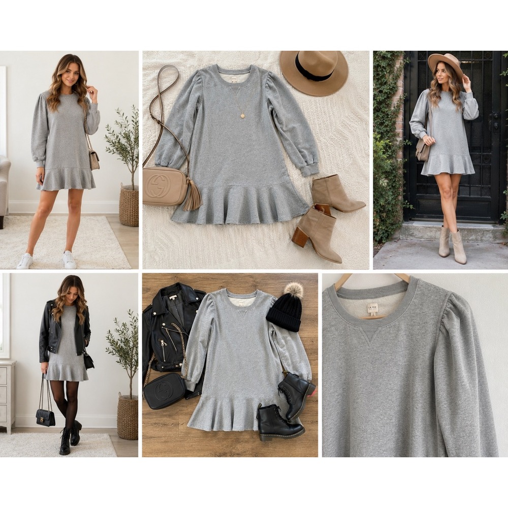 La Vie‎ Rebecca Taylor Gray Fleece Puff Sleeve Ruffle Hem Sweatshirt Dress M